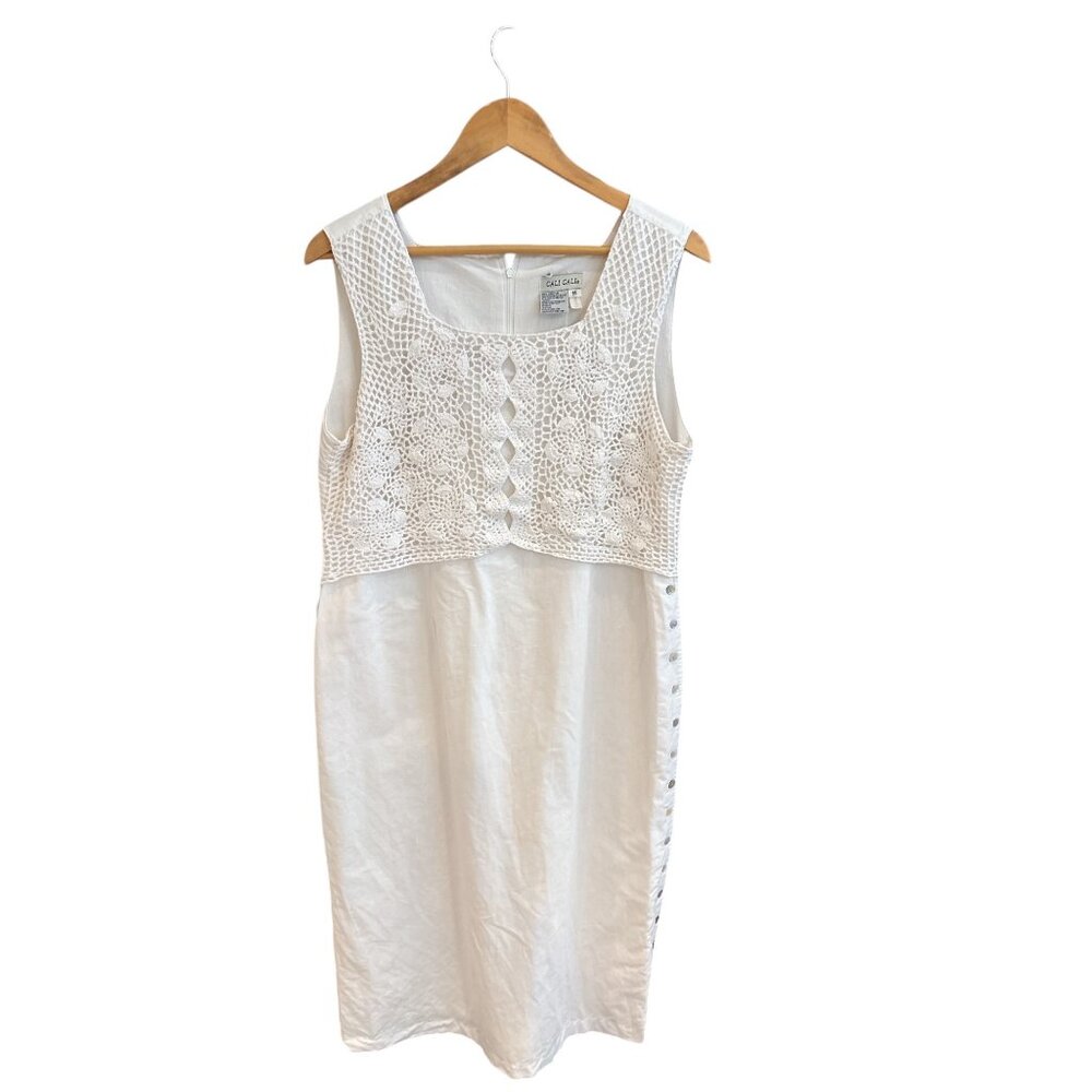 White Crochet Top Linen Midi Dress By Cali Cali Petite Size 14 With Side Button